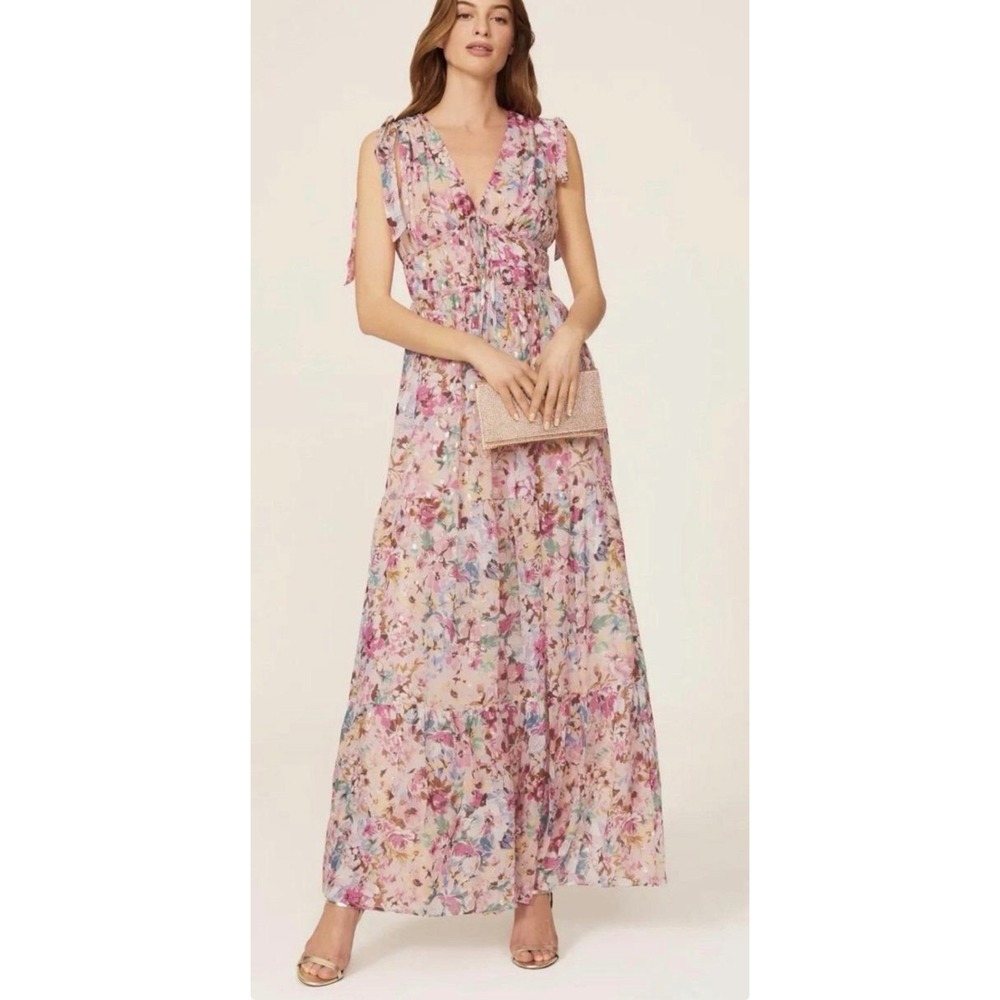 Shoshanna Midnight Pink Floral Metallic Tiered Maxi Dress Size 12 AS IS